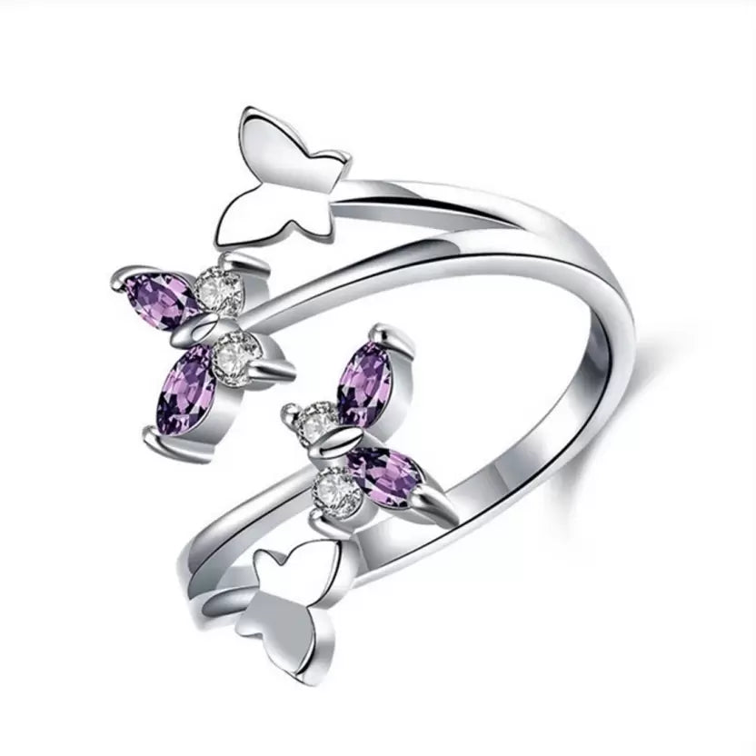 Silver/ Gold/ Rose Gold Elegant Butterfly Crystal Ring β Adjustable Silver Band with Purple & White CZ Stones