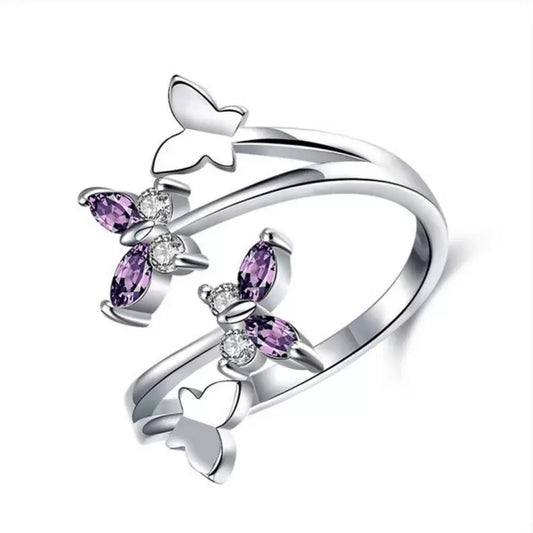Silver/ Gold/ Rose Gold Elegant Butterfly Crystal Ring – Adjustable Silver Band with Purple & White CZ Stones