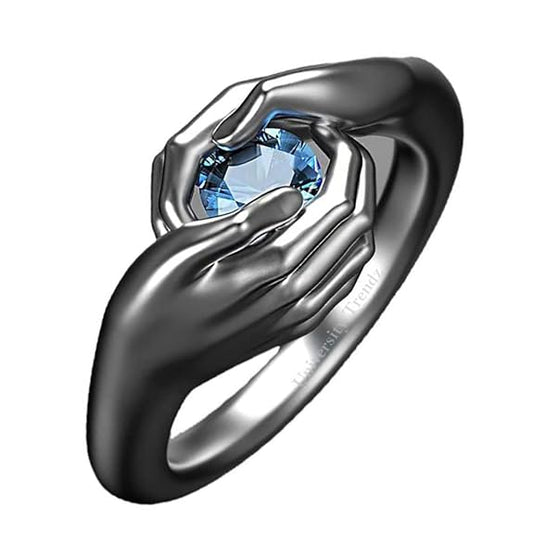 University Trendz Silver Plated Blue Stone Adjustable Open Hands Loving Hug Ring for Women and Girls (Grey)
