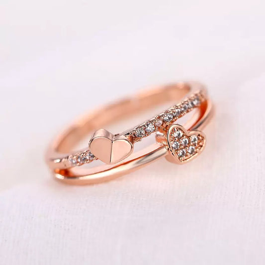 Silver/ Gold/ Rose Gold Romantic Rose Gold Heart Ring – Dual Heart CZ Diamond Adjustable Band for Women
