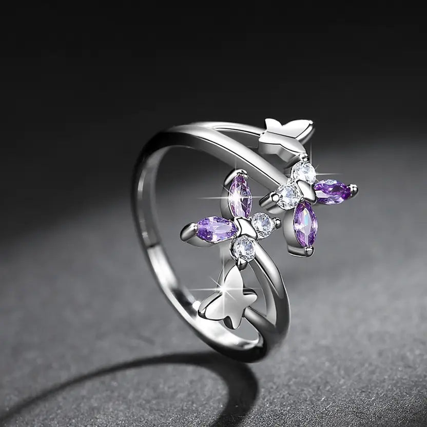 Silver/ Gold/ Rose Gold Elegant Butterfly Crystal Ring β Adjustable Silver Band with Purple & White CZ Stones
