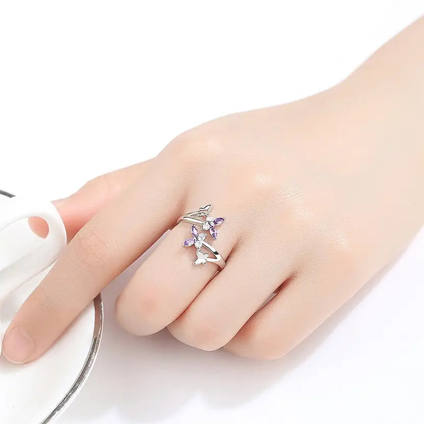 Silver/ Gold/ Rose Gold Elegant Butterfly Crystal Ring β Adjustable Silver Band with Purple & White CZ Stones
