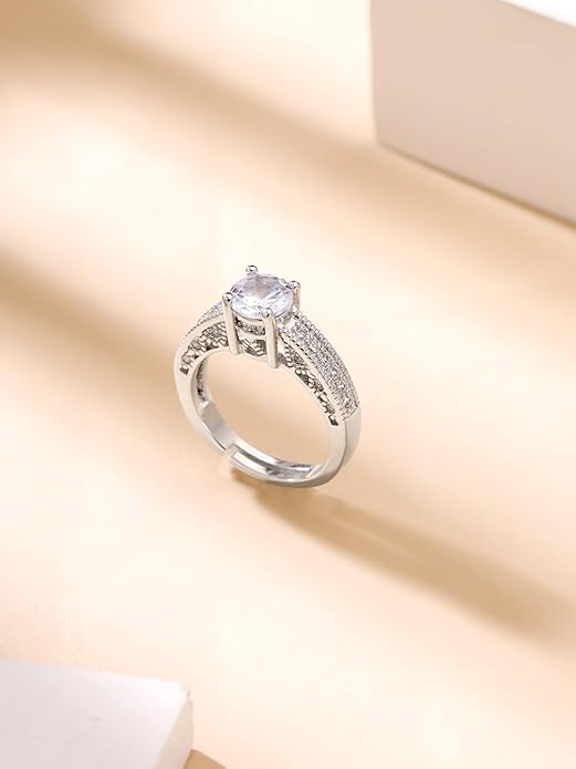 Silver/ Gold/ Rose Gold Luxury Adjustable Silver CZ Engagement Ring β Elegant Sparkling Solitaire Band