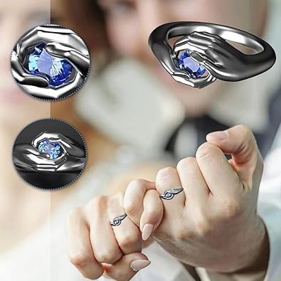 University Trendz Silver Plated Blue Stone Adjustable Open Hands Loving Hug Ring for Women and Girls (Grey)