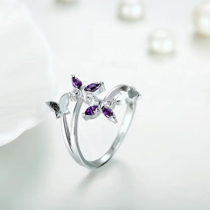 Silver/ Gold/ Rose Gold Elegant Butterfly Crystal Ring β Adjustable Silver Band with Purple & White CZ Stones