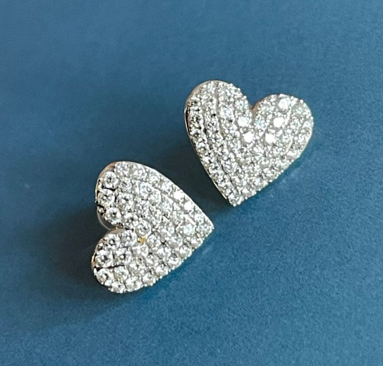 Silver/ Gold/ Rose Gold Elegant White Encrusted Heart Earrings, A Timeless Symbol of Love and Sparkling Beauty for Women