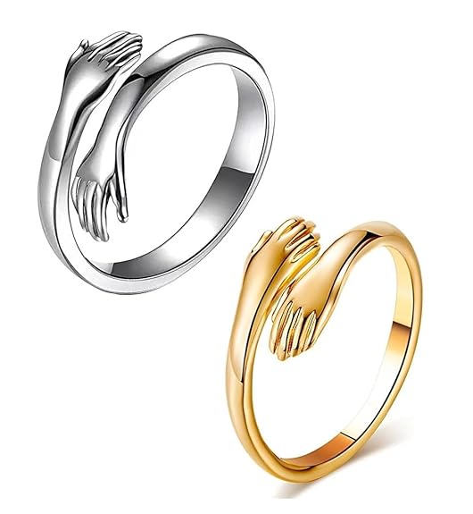 (Pack Of 2 Pcs) Stainless Steel Silver & Golden Color Valentine's Day Special Romantic Love Couple Promise Anniversary Adjustable Hand Hug Me Thumb Finger Ring For Women's & Girl's