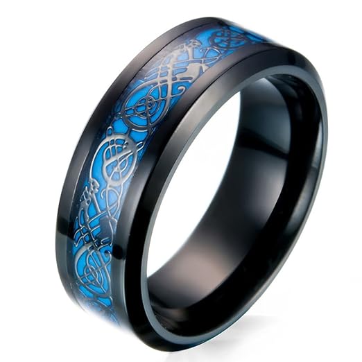 Men's 8mm Black Carbon Fiber Celtic Dragon Blue Luminous Effect Ring Band Glow in the Dark