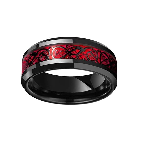 Men's 8mm Black Tungsten Carbide Ring β Red Celtic Dragon Inlay Band