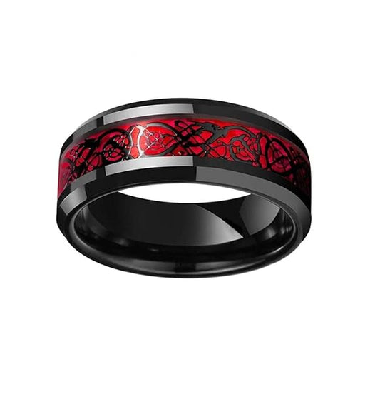 Men's 8mm Black Tungsten Carbide Ring – Red Celtic Dragon Inlay Band