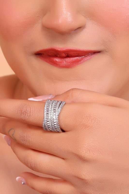 Elegant Multi-Layered Silver Ring with Sparkling Gemstones