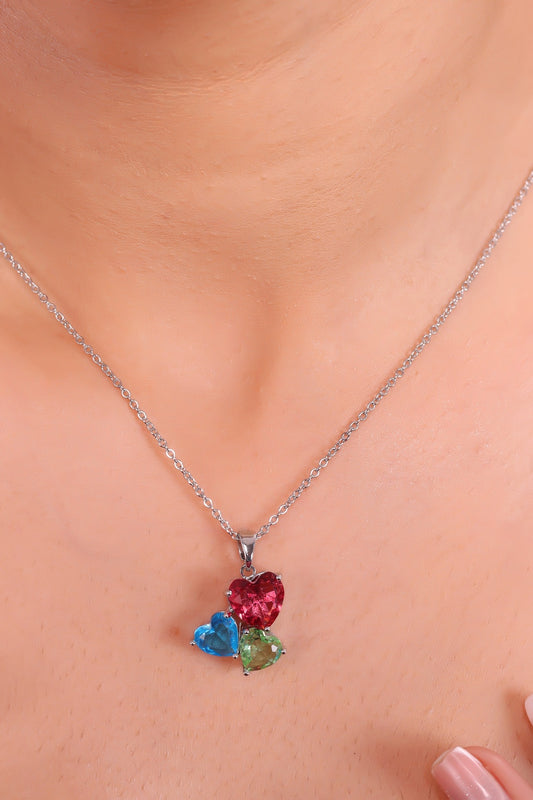 Exquisite Elegant Three-Heart Multicolor Gemstone Pendant Necklace with Radiant Precious Stones and a Timeless, Stylish Design for Sophisticated Jewelry Lovers