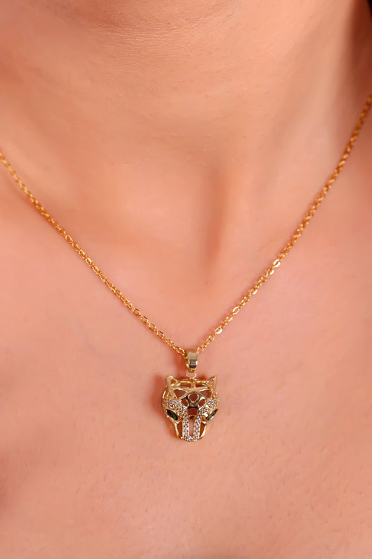 Luxury Panther Head Pendant Necklace – Gold with Sparkling Stones & Emerald Eyes