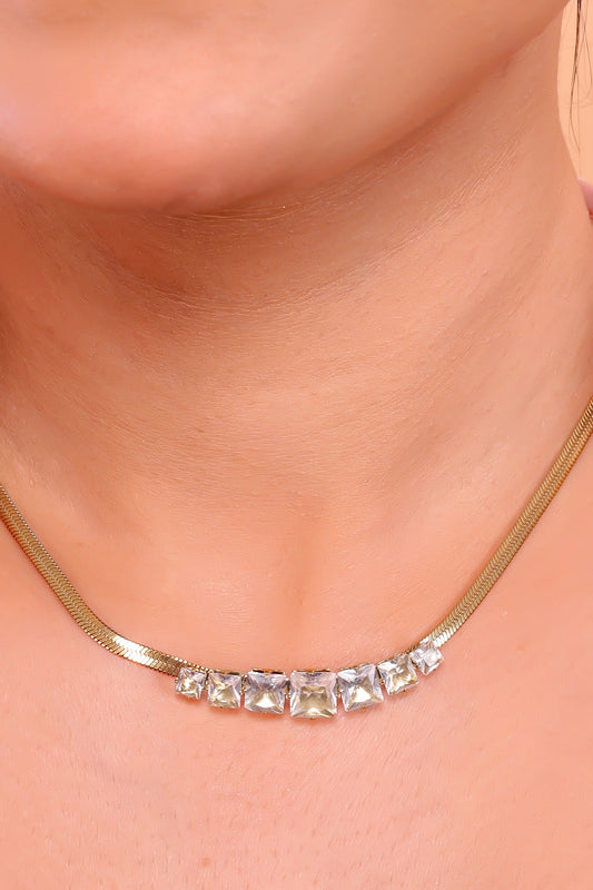 Creation Square Crystal Necklace With Flat Snake Chain For Women