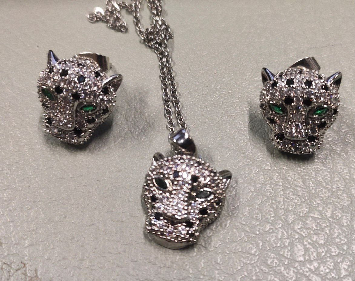 Silver/ Gold/ Rose Gold Elegant Panther Jewelry Set – Necklace & Earrings with Gemstone Eyes