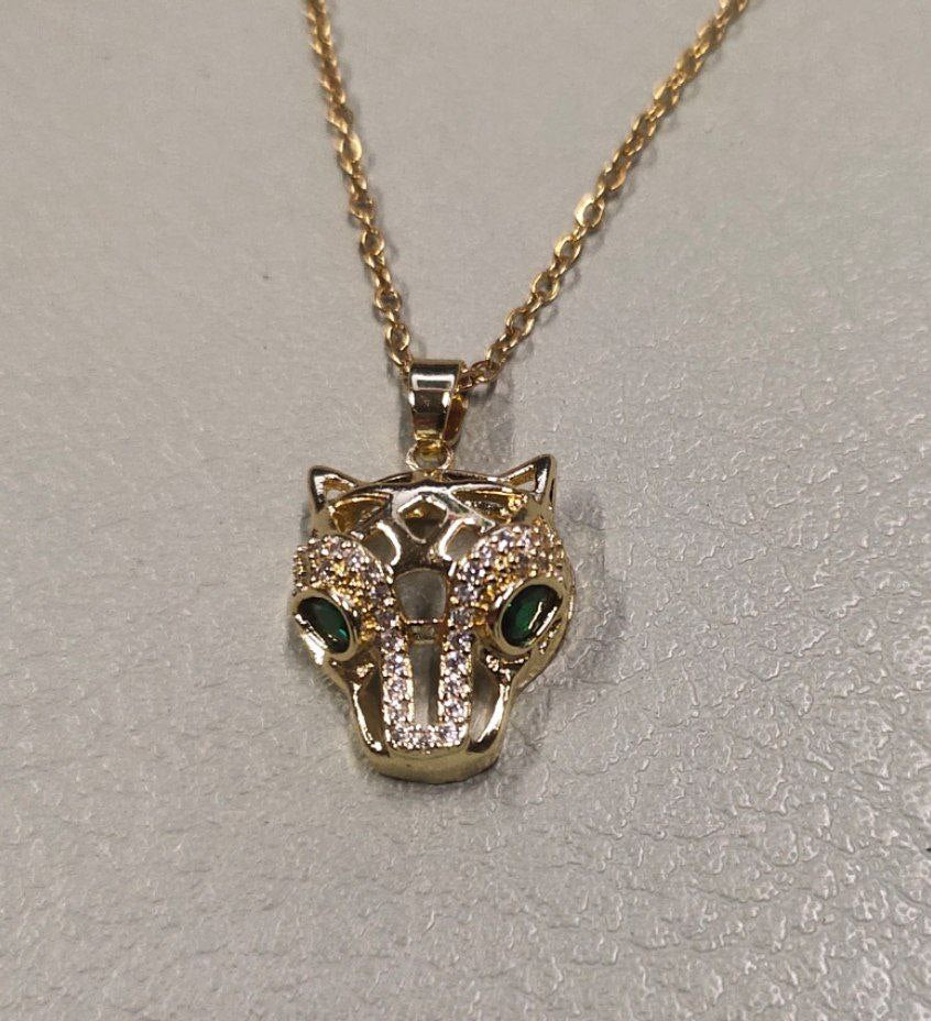 Silver/ Gold/ Rose Gold Luxury Panther Head Pendant Necklace – Gold with Sparkling Stones & Emerald Eyes