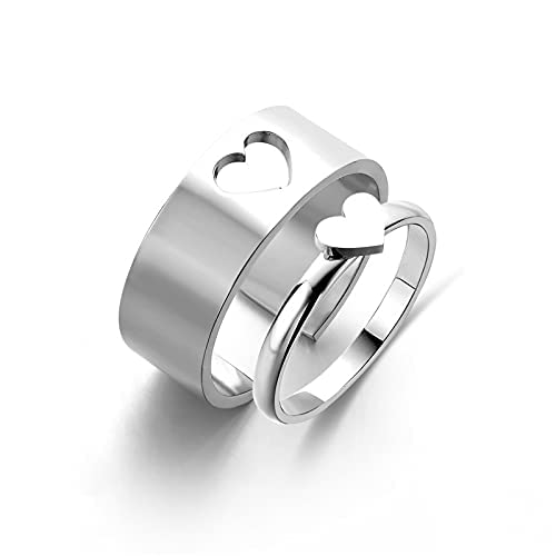 Silver/ Gold/ Rose Gold His &amp; Hers Matching Silver Heart Cutout Couple Rings – Adjustable Stainless Steel Love Bands