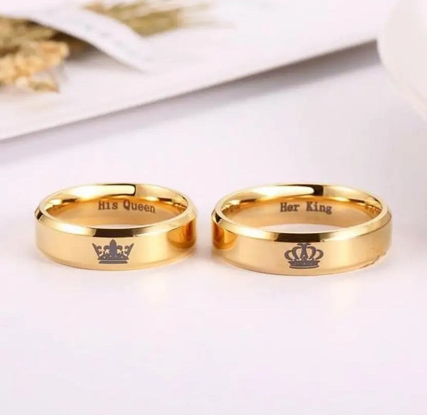 Silver/ Gold His Queen &amp; Her King Matching Couple Rings – Royal Crown Engraved Wedding Bands