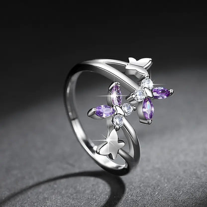 Silver/ Gold/ Rose Gold Elegant Butterfly Crystal Ring – Adjustable Silver Band with Purple &amp; White CZ Stones