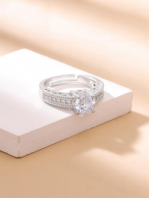 Silver/ Gold/ Rose Gold Luxury Adjustable Silver CZ Engagement Ring – Elegant Sparkling Solitaire Band