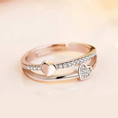 Silver/ Gold/ Rose Gold Romantic Rose Gold Heart Ring – Dual Heart CZ Diamond Adjustable Band for Women
