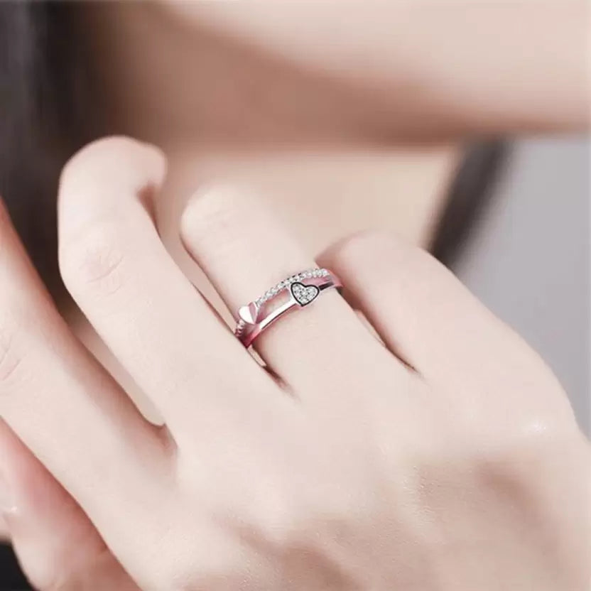 Silver/ Gold/ Rose Gold Romantic Rose Gold Heart Ring – Dual Heart CZ Diamond Adjustable Band for Women