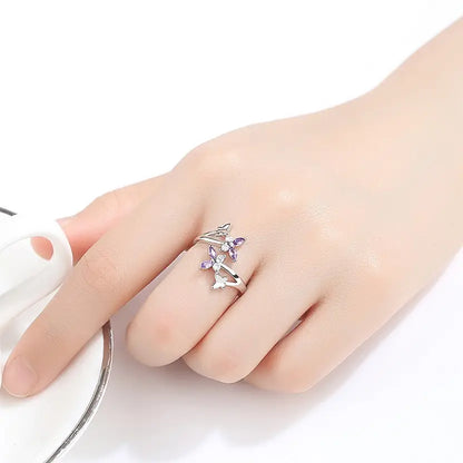 Silver/ Gold/ Rose Gold Elegant Butterfly Crystal Ring – Adjustable Silver Band with Purple &amp; White CZ Stones
