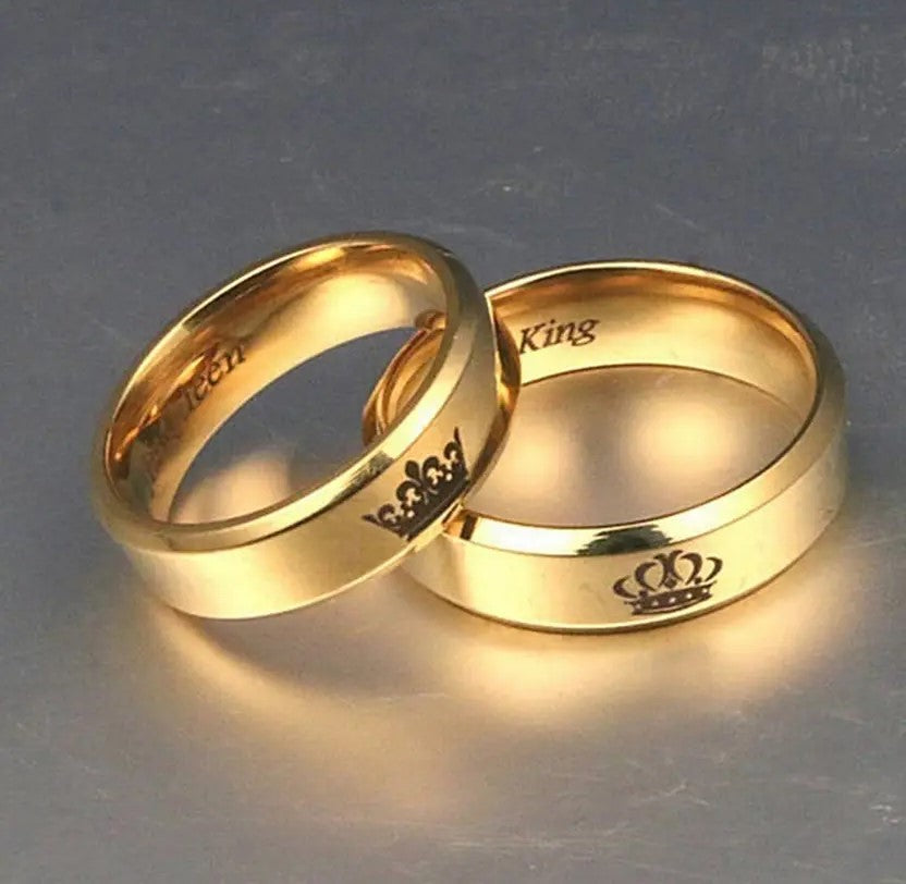 Silver/ Gold His Queen &amp; Her King Matching Couple Rings – Royal Crown Engraved Wedding Bands