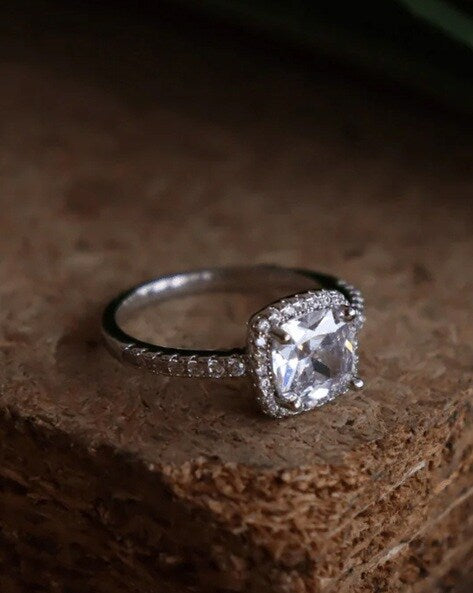 Silver/ Gold/ Rose Gold Elegant Cushion Cut CZ Halo Engagement Ring – Sparkling Silver Pave Band