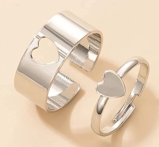 Silver/ Gold/ Rose Gold His &amp; Hers Matching Silver Heart Cutout Couple Rings – Adjustable Stainless Steel Love Bands