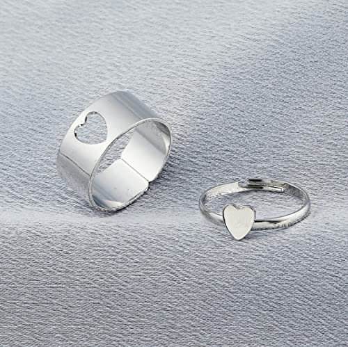 Silver/ Gold/ Rose Gold His &amp; Hers Matching Silver Heart Cutout Couple Rings – Adjustable Stainless Steel Love Bands