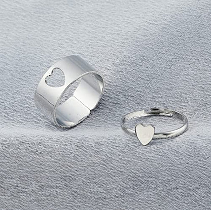 Silver/ Gold/ Rose Gold His &amp; Hers Matching Silver Heart Cutout Couple Rings – Adjustable Stainless Steel Love Bands