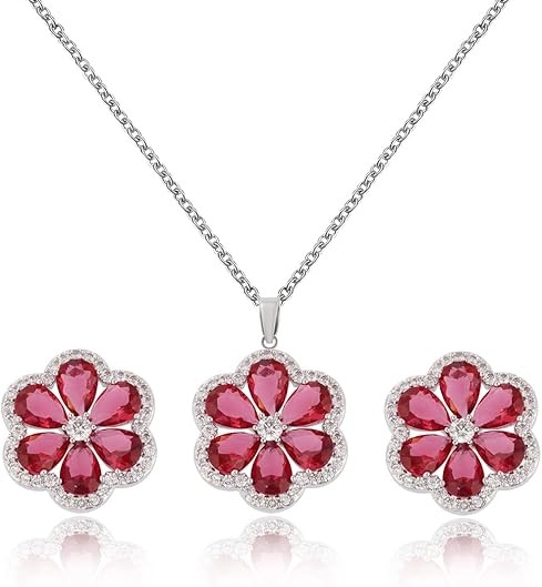 Silver/ Gold/ Rose Gold Elegant Floral Ruby Jewelry Set –  Necklace &amp; Matching Earrings