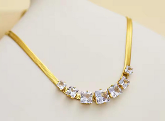 Silver/ Gold/ Rose Gold Creation Square Crystal Necklace With Flat Snake Chain For Women