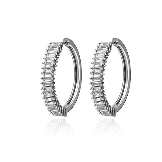 Silver/ Gold / Rose Gold Elegant Silver Hoop Earrings with Baguette Diamonds – Timeless Sparkle &amp; Sophistication