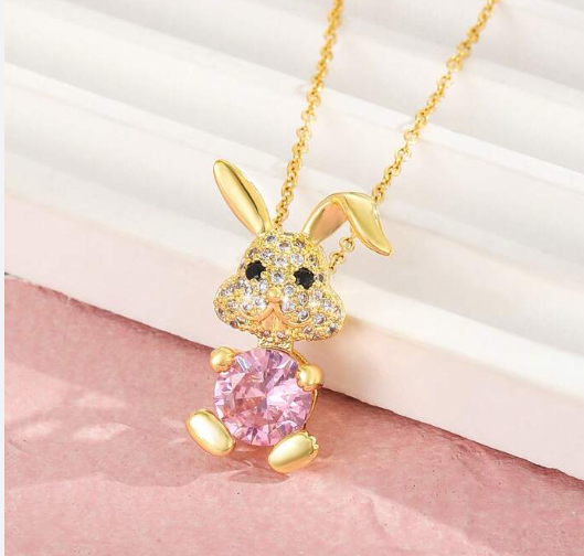 Silver/ Gold / Rose Gold Adorable Bunny Pendant Necklace with Sparkling Pink Crystal – A Cute & Charming Jewelry Piece for Bunny Lovers