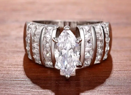 Silver/ Gold/ Rose Gold Elegant Marquise-Cut Diamond Ring with Channel-Set Accents