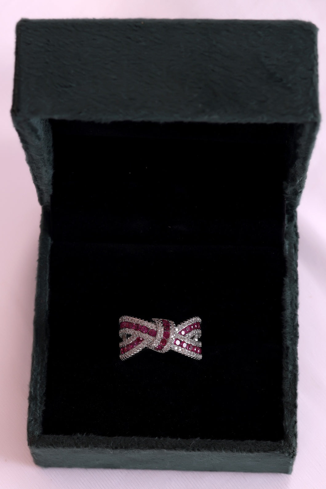 Elegant White Ribbon Ring with Rubies and Diamonds