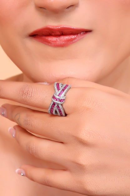 Elegant White Ribbon Ring with Rubies and Diamonds