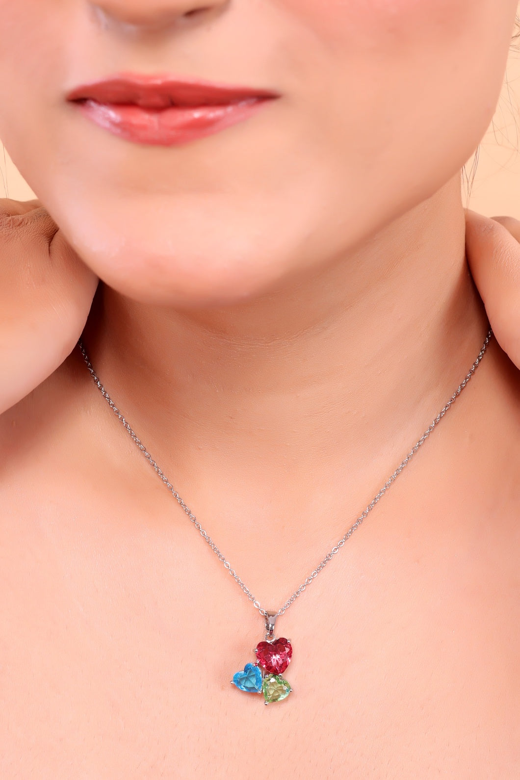 Exquisite Elegant Three-Heart Multicolor Gemstone Pendant Necklace with Radiant Precious Stones and a Timeless, Stylish Design for Sophisticated Jewelry Lovers