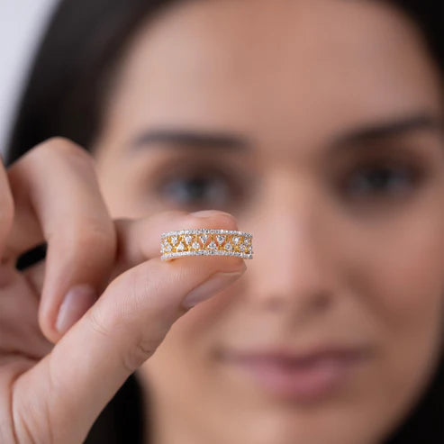 Diamond Filigree Wide Band Ring with Pavé Borders