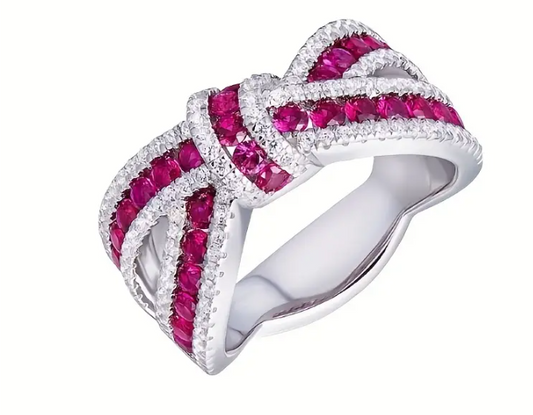 Silver/ Gold/ Rose gold Elegant White Gold Ribbon Ring with Rubies and Diamonds