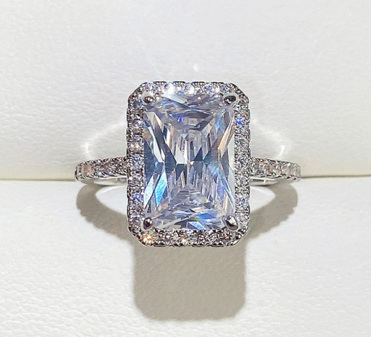 Silver/ Gold/ Rose Gold Elegant Cushion-Cut Clear Gemstone Halo Ring with Pave Band – Timeless Sparkle and Luxury Design