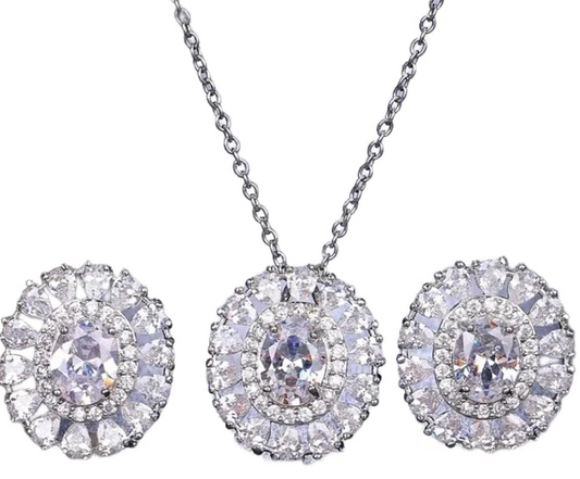 Silver/ Gold/ Rose Gold Luxury Halo Oval-Cut Crystal Jewelry Set – Elegant Necklace &amp; Stud Earrings