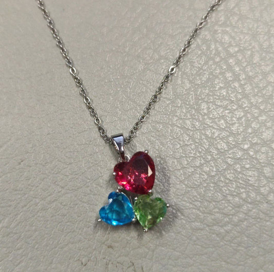 Silver/ Gold/ Rose Gold Exquisite Elegant Three-Heart Multicolor Gemstone Pendant Necklace with Radiant Precious Stones and a Timeless, Stylish Design for Sophisticated Jewelry Lovers