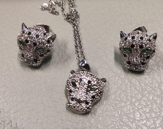 Silver/ Gold/ Rose Gold Elegant Panther Jewelry Set – Necklace &amp; Earrings with Gemstone Eyes